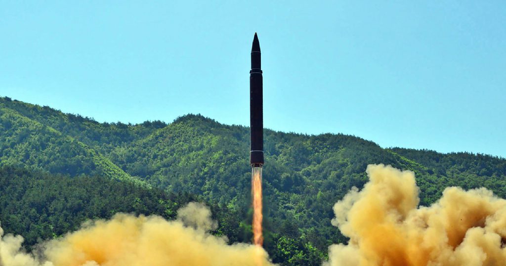TOPSHOT - This picture taken on July 4, 2017 and released by North Korea's official Korean Central News Agency (KCNA) on July 5, 2017 shows the successful test-fire of the intercontinental ballistic missile Hwasong-14 at an undisclosed location.
South Korea and the United States fired off missiles on July 5 simulating a precision strike against North Korea's leadership, in response to a landmark ICBM test described by Kim Jong-Un as a gift to "American bastards". / AFP PHOTO / KCNA VIA KNS / STR / South Korea OUT / REPUBLIC OF KOREA OUT   ---EDITORS NOTE--- RESTRICTED TO EDITORIAL USE - MANDATORY CREDIT "AFP PHOTO/KCNA VIA KNS" - NO MARKETING NO ADVERTISING CAMPAIGNS - DISTRIBUTED AS A SERVICE TO CLIENTS
THIS PICTURE WAS MADE AVAILABLE BY A THIRD PARTY. AFP CAN NOT INDEPENDENTLY VERIFY THE AUTHENTICITY, LOCATION, DATE AND CONTENT OF THIS IMAGE. THIS PHOTO IS DISTRIBUTED EXACTLY AS RECEIVED BY AFP. 

 /         (Photo credit should read STR/AFP/Getty Images)