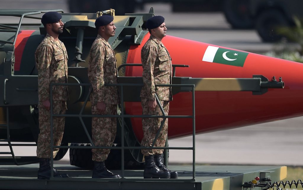 Pakistani military personnel stand beside a Ghauri nuclear-capable missile during a Pakistan Day military parade in Islamabad on March 23, 2017.


Pakistan National Day commemorates the passing of the Lahore Resolution, when a separate nation for the Muslims of The British Indian Empire was demanded on March 23, 1940. / AFP PHOTO / AAMIR QURESHI        (Photo credit should read AAMIR QURESHI/AFP/Getty Images)