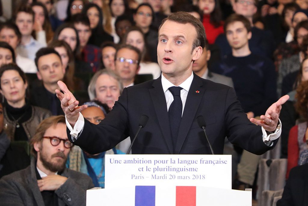 France's President Emmanuel Macron gives a speech to unveil his strategy to promote French as part of the International Francophonie Day before members of the French Academy (Academie Francaise) and other guests at the French Institute on March 20, 2018 in Paris. / AFP PHOTO / POOL AND AFP PHOTO / ludovic MARIN        (Photo credit should read LUDOVIC MARIN/AFP/Getty Images)