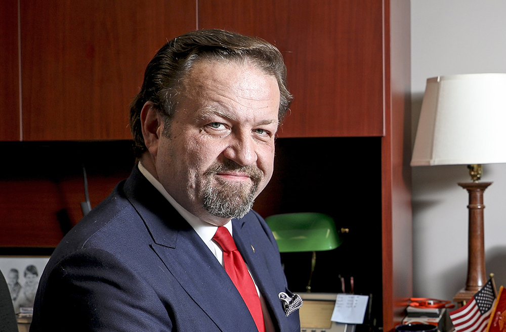 Dr. Sebastian Gorka, conservative radio host of America First, at his office at Salem Radio Network in Arlington, Va., on Oct. 22, 2019. (Samira Bouaou/The Epoch Times)