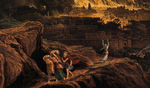 לוט ובני משפחתו נמלטים מסדום העולה בלהבות (למעט רעייתו שהתבוננה לרגע באסון) | Coloured lithograph after J. Martin