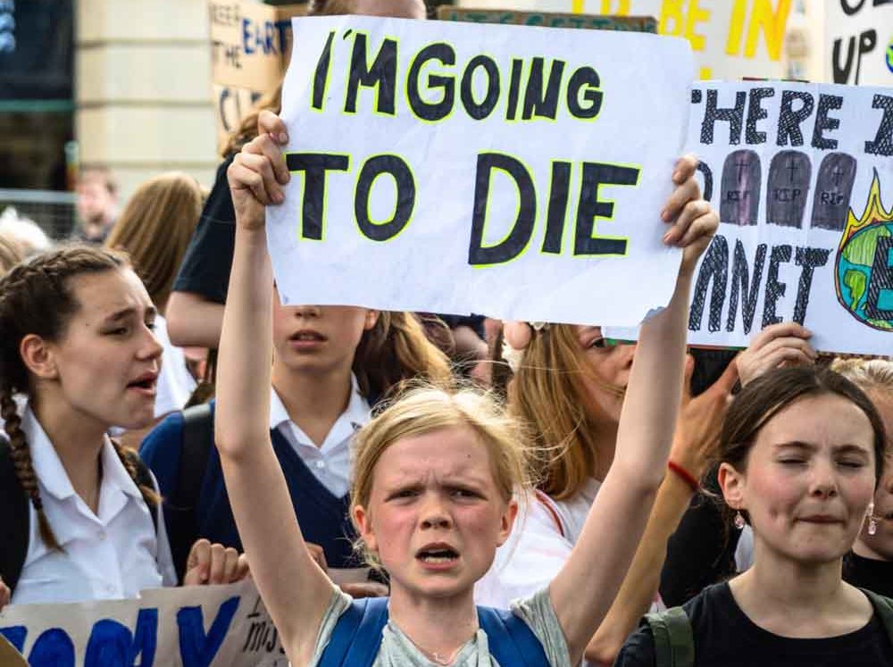 Bath, United Kingdom - May 24 2019: Young blonde girl at Youth Strike for Climate Action protest holding a sign saying "I'm going to die".