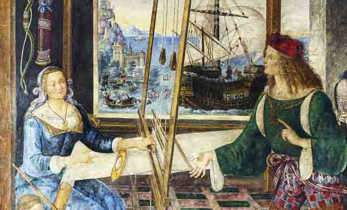 פנלופה והמחזרים שלה – ציור הפרסקו של אמן הרנסנס האיטלקי ברנרדינו די בטו, המכונה "פינטוריקיו" (1513-1454), מתאר באמצעות משחק אמנותי בין החוץ לפנים, את הבוטות שבה מפרים המחזרים את שלוותה של פנלופה בביתה. בד האריגה של פנלופה מזכיר את מפרשי הספינה ברקע, והבית הוא זה המדרבן את אודיסאוס להמשיך במסעו למרות הקשיים.