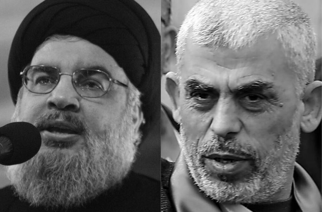מנהיג חמאס יחיא סינוואר ומזכ"ל חיזבאללה חסן נסראללה | צילום: AFP via Getty Images, SAID KHATIB/AFP via Getty Images