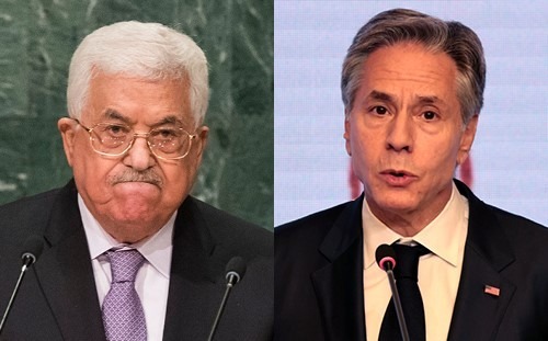 מזכיר המדינה של ארה"ב אנתוני בלינקן ויו"ר הרשות הפלסטינית אבו מאזן | צילום:Drew Angerer/Getty Images, Jordan Pix/Getty Images