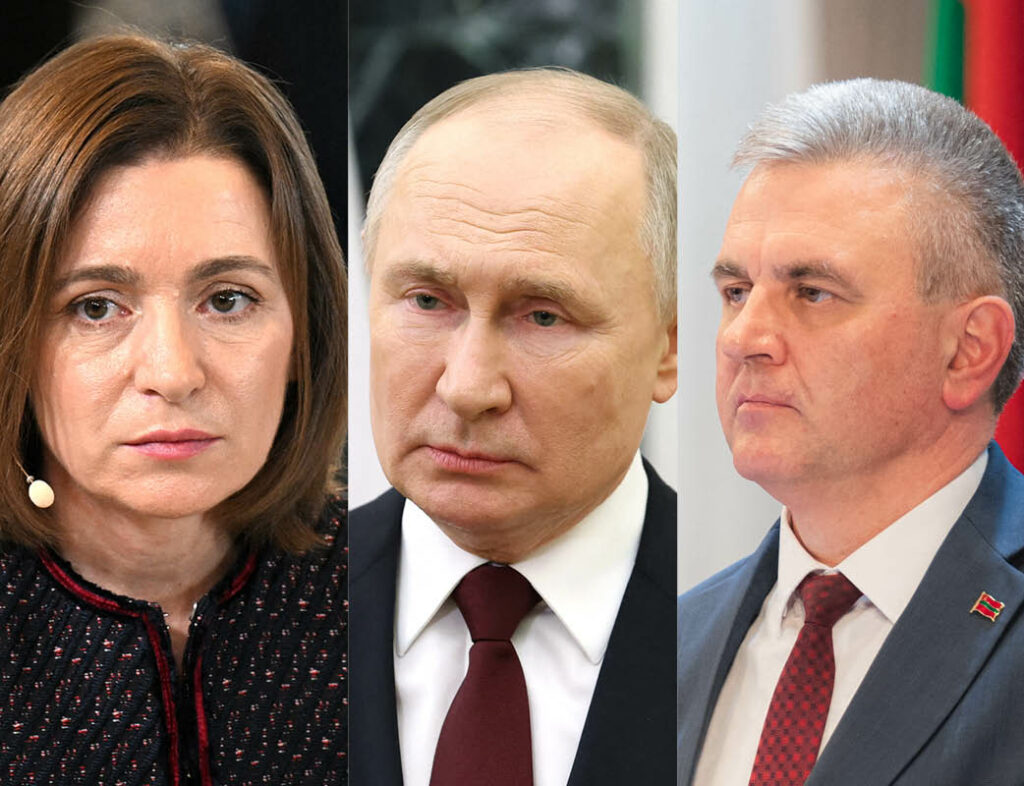 מנהיג טרנסיסטריה ואדים קרנוסלסקי, נשיא רוסיה ולדימיר פוטין ונשיאת מולדובה מאיה סנדו | צילום: ALEXANDER KAZAKOV/POOL/AFP via Getty Images,  MICHAL CIZEK/AFP via Getty Images , SERGEI GAPON/AFP via Getty Images