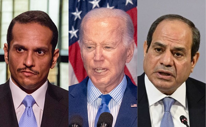 נשיא מצרים עבד אל-פתאח א-סיסי, נשיא ארה"ב ג'ו ביידן וראש ממשלת קטאר מוחמד בן עבד א-רחמן אאל ת'אני | צילומים: JOHN MACDOUGALL/AFP via Getty Images,  Sean Rayford/Getty Images,  PHILIPP VON DITFURTH/DPA/AFP via Getty Images