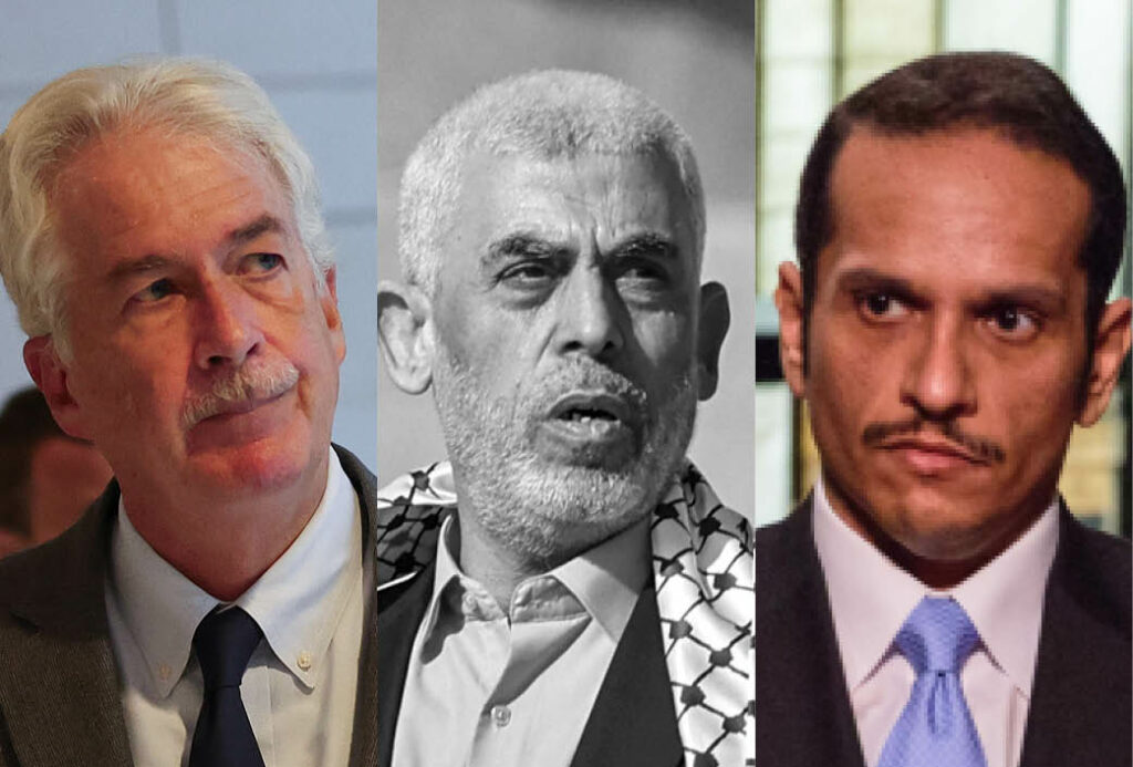 ראש ממשלת קטאר שייח' מוחמד בן עבד א-רחמן בן ג'אסם אאל ת'אני, מנהיג חמאס יחיא סינוואר וראש ה-CIA ויליאם ברנס | צילום: Kevin Dietsch/Getty Images, FABRICE COFFRINI/AFP via Getty Images , MOHAMMED ABED/AFP via Getty Images