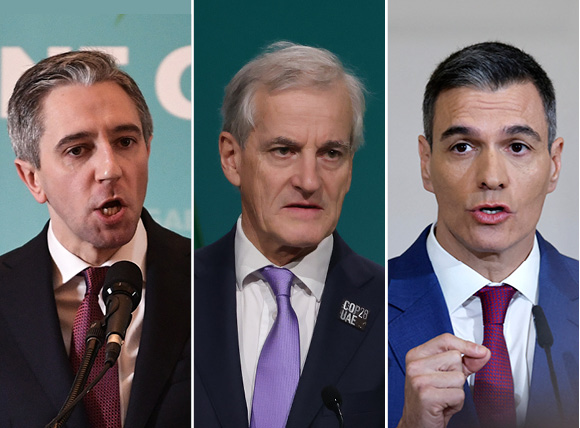 ראש ממשלת ספרד פדרו סאנצ'ס, ראש ממשלת נורווגיה יונאס גאהר סטיורה וראש ממשלת אירלנד סיימון האריס | צילומים: OSCAR DEL POZO/AFP via Getty Images, Sean Gallup/Getty Images, Charles McQuillan/Getty Images