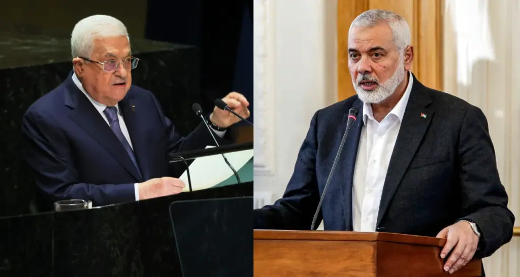 ראש הלשכה המדינית של חמאס אסמאעיל הנייה ויו"ר הרשות הפלסטינית מחמוד עבאס
