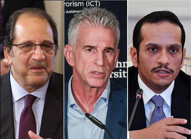 ראש ממשלת קטאר מוחמד בן עבד א-רחמן אאל ת'אני, ראש המוסד דוד ברנע וראש המודיעין המצרי עבאס כאמל | צילומים: YURI KADOBNOV/AFP via Getty Images, Avshalom Sassoni/Flash90, KHALED ELFIQI/AFP via Getty Images