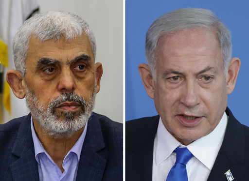 ראש ממשלת ישראל בנימין נתניהו ומנהיג חמאס יחיא סינוואר | צילומים: Sean Gallup/Getty Images, Attia Muhammed/Flash90