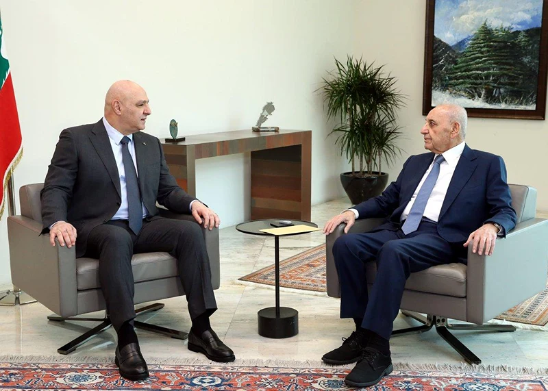 יו"ר הפרלמנט הלבנוני, נביה ברי, ונשיא לבנון, ג'וזף עון, 7 באפריל 2025