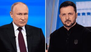 נשיא אוקראינה ולדימיר זלנסקי, נשיא רוסיה ולדימיר פוטין | צילומים: Win McNamee/Getty Images, ALEXANDER ZEMLIANICHENKO/POOL/AFP via Getty Images