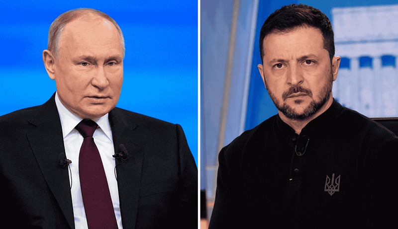 נשיא אוקראינה ולדימיר זלנסקי, נשיא רוסיה ולדימיר פוטין | צילומים: Win McNamee/Getty Images, ALEXANDER ZEMLIANICHENKO/POOL/AFP via Getty Images