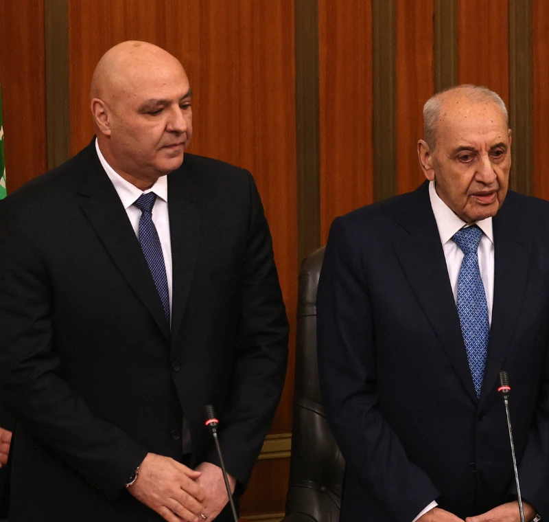 ראש ממשלת לבנון נוואף סלאם, ויו"ר הפרלמנט נביה ברי, 9 בינואר 2025