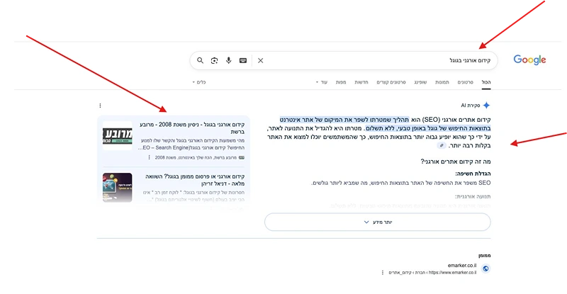 צילום מסך בגוגל לביטוי: "קידום אורגני בגוגל", צילום תאריך 22.6.2025