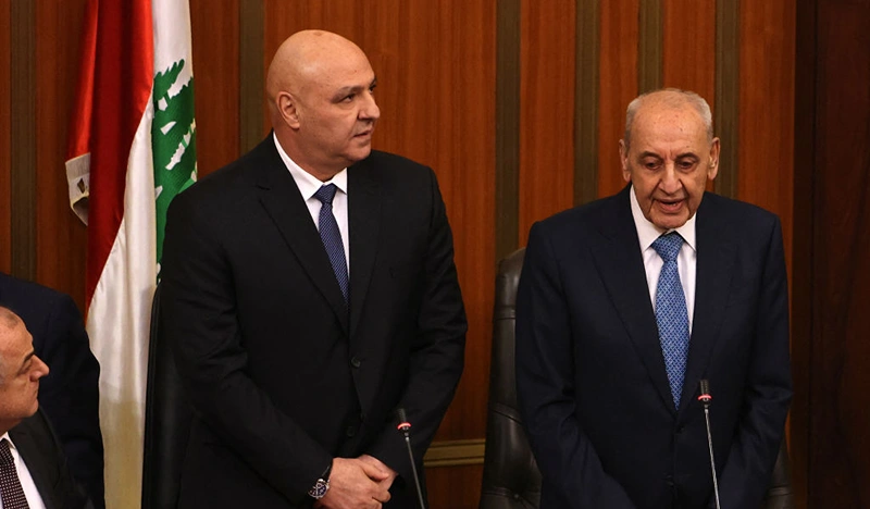 יו"ר הפרלמנט הלבנוני, נביה ברי, ונשיא לבנון, ג'וזף עון, 9 בינואר 2025