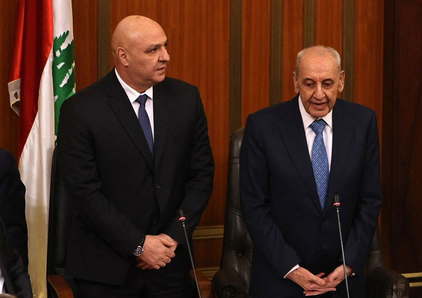 יו"ר הפרלמנט הלבנוני, נביה ברי, ונשיא לבנון, ג'וזף עון, 9 בינואר 2025