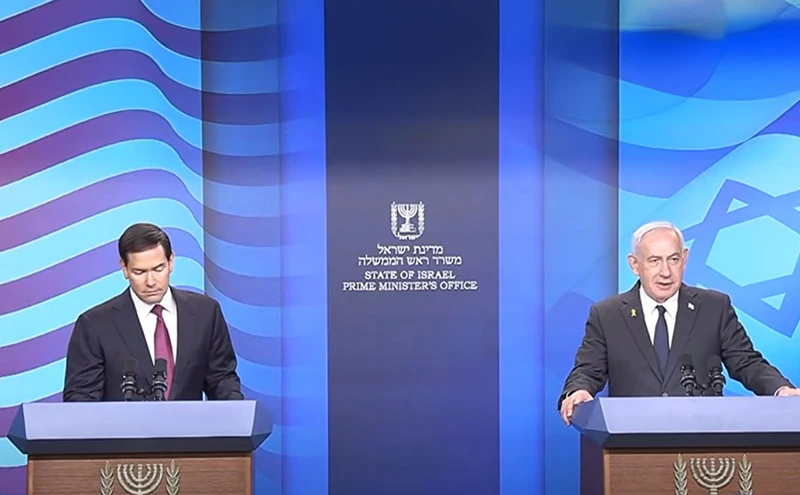 ראש הממשלה, בנימין נתניהו, ומזכיר המדינה האמריקני, מרקו רוביו, במהלך מסיבת העיתונאים היום