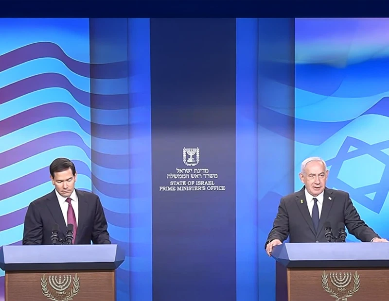 ראש הממשלה, בנימין נתניהו, ומזכיר המדינה האמריקני, מרקו רוביו, במהלך מסיבת העיתונאים היום