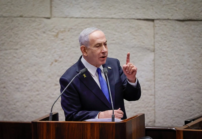 ראש הממשלה, בנימין נתניהו, במהלך נאומו היום