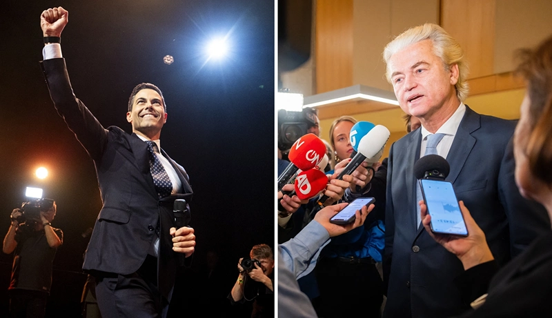 מנהיג מפלגת החירות (PVV), חירט וילדרס (ימין), ומנהיג מפלגת המרכז הליברלית D-66, רוב יטן (שמאל)