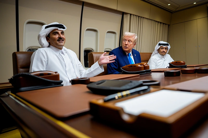 נשיא ארה"ב, דונלד טראמפ, בפגישה עם אמיר קטאר, תמים בן חמד אל-ת'אאני, ועם ראש ממשלת קטאר מוחמד אל-ת'אאני, על מטוס האייר פורס 1, 25 באוקטובר 2025