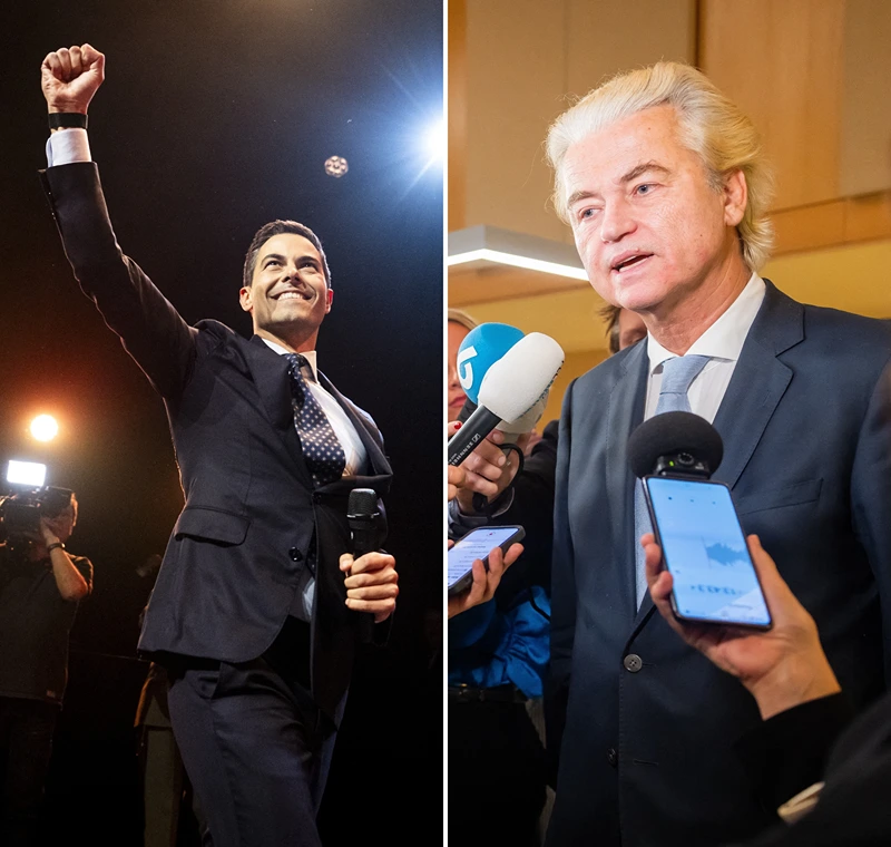 מנהיג מפלגת החירות (PVV), חירט וילדרס (ימין), ומנהיג מפלגת המרכז הליברלית D-66, רוב יטן (שמאל)