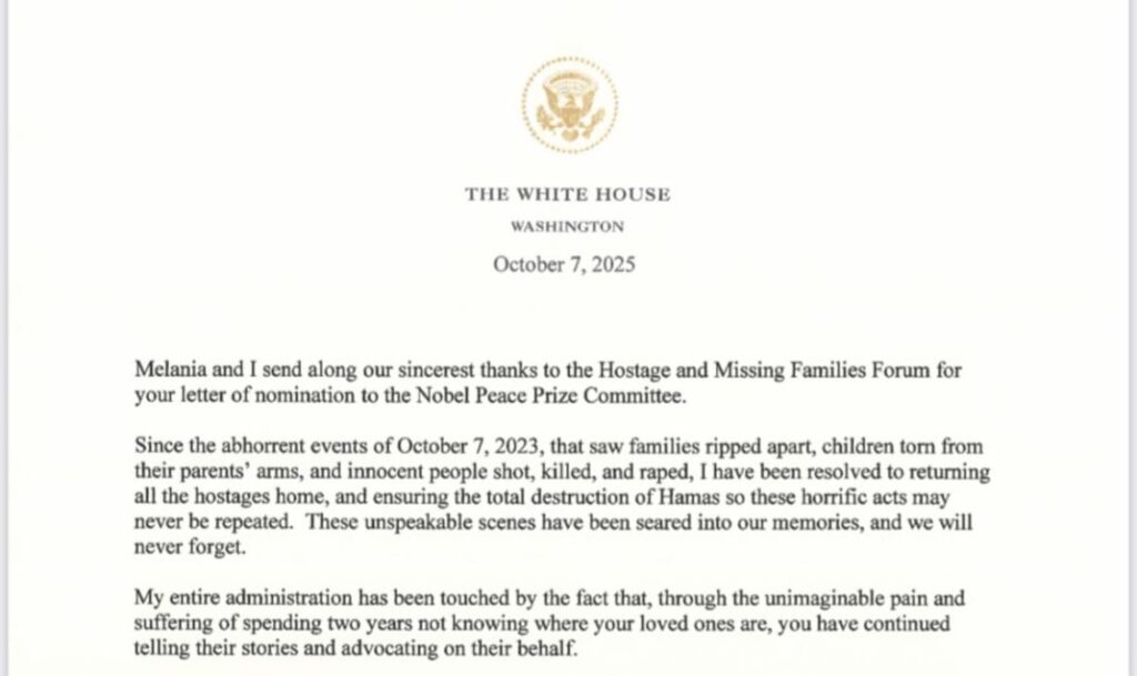 המכתב שדונלד טראמפ שלח למטה משפחות החטופים