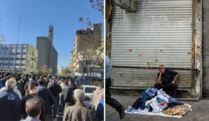 מימין: חנויות סגורות בבזאר טהראן, 22 ביוני 2025, משמאל: מחאות הסוחרים בטהראן היום