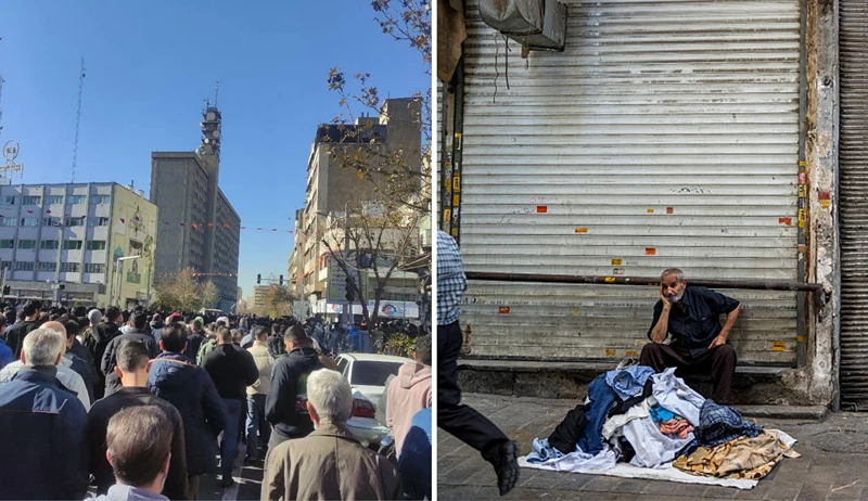 מימין: סוחר בבזאר טהראן הסגור חלקית, 22 ביוני 2025, משמאל: מחאות הסוחרים בטהראן היום