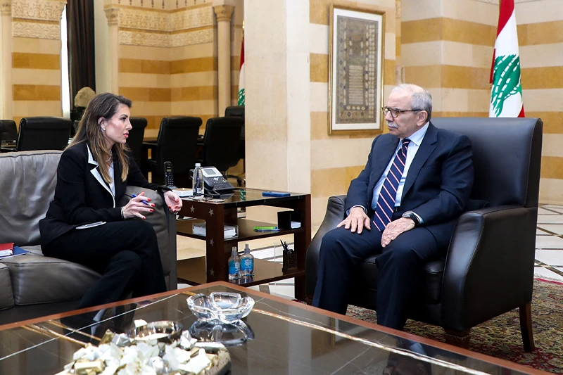 השליחה האמריקנית, מורגן אורטגוס, וראש ממשלת לבנון, נוואף סלאם, ביירות, 28 באוקטובר 2025