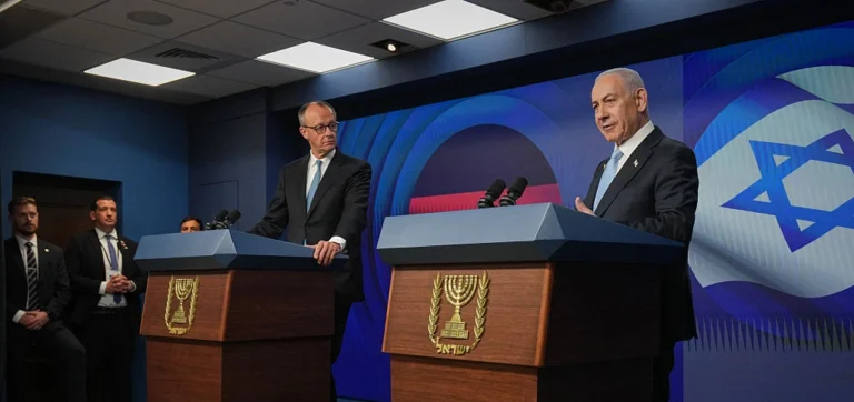 ראש הממשלה, בנימין נתניהו, וקנצלר גרמניה, פרידריך מרץ, במהלך מסיבת העיתונאים בירושלים היום