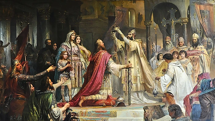 הכתרת קרל הגדול מלך הפרנקים, בשנת 768 לספירה (פרדריך קאולבאך, 1861)