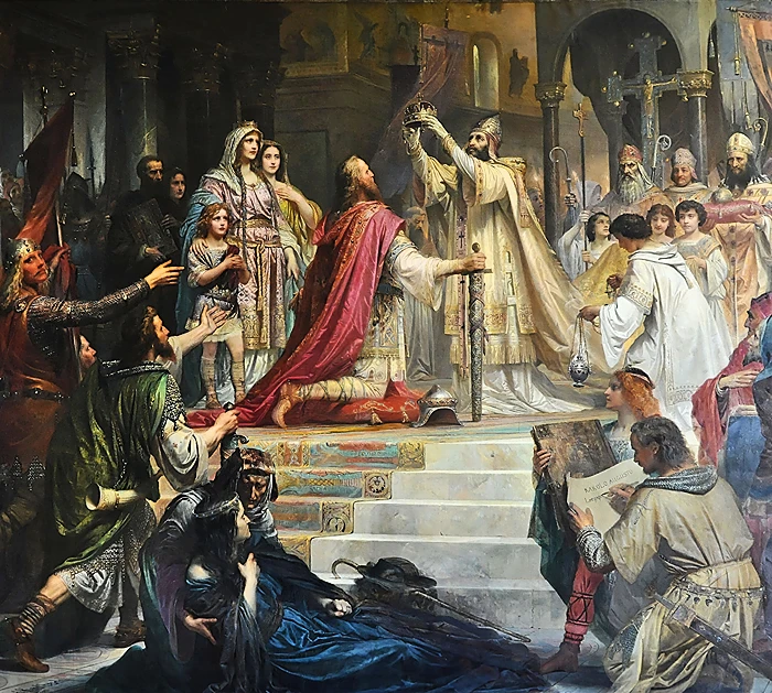 הכתרת קרל הגדול מלך הפרנקים, בשנת 768 לספירה (פרדריך קאולבאך, 1861)