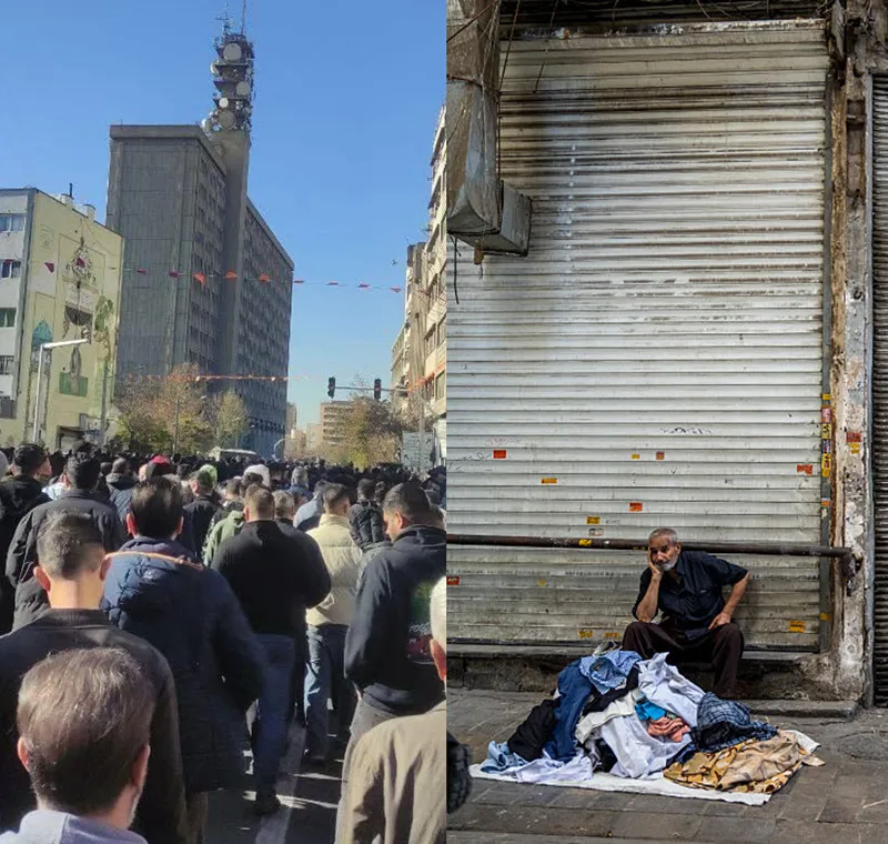 מימין: חנויות סגורות בבזאר טהראן, 22 ביוני 2025, משמאל: מחאות הסוחרים בטהראן היום