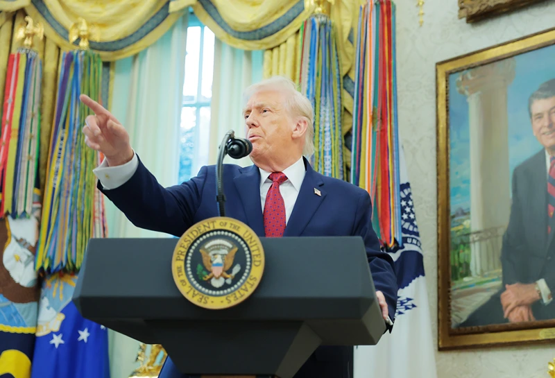 נשיא ארה"ב, דונלד טראמפ, בטקס להענקת "מדליית הגנת הגבול המקסיקני", 15 בדצמבר 2025