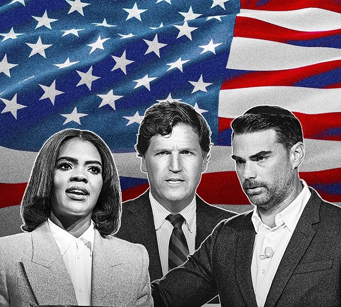 בן שפירו (מימין), טאקר קרלסון וקנדיס אוונס