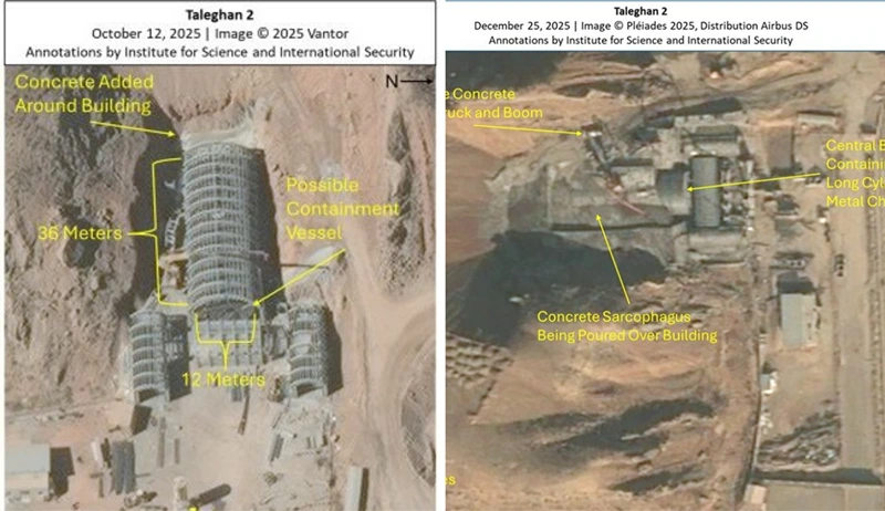 צילומי הלוויין של אתר פרצ׳ין המציגים יציקת שכבת בטון כבדה מעל המבנה המרכזי כפי שפורסמו ב-25 בדצמבר 2025