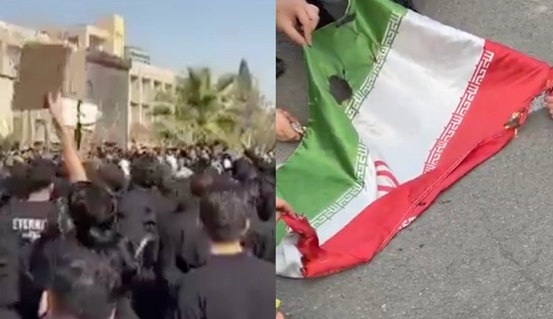 מימין: מפגינות שורפות את דגל הרפובליקה האסלאמית, משמאל: סטודנטים מפגינים באוניברסיטת אמיר כביר שבטהראן