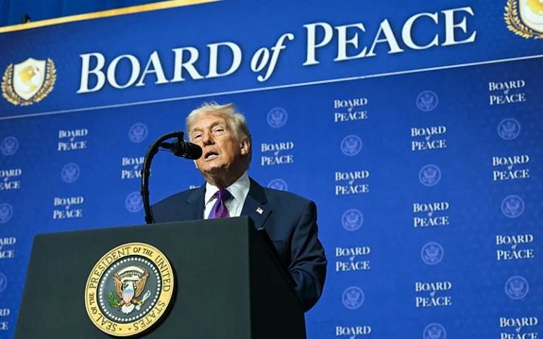 נשיא ארה״ב, דונלד טראמפ, במהלך נאומו בכינוס מועצת השלום היום