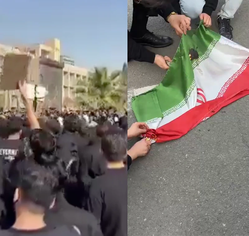 מימין: מפגינות שורפות את דגל הרפובליקה האסלאמית, משמאל: סטודנטים מפגינים באוניברסיטת אמיר כביר שבטהראן