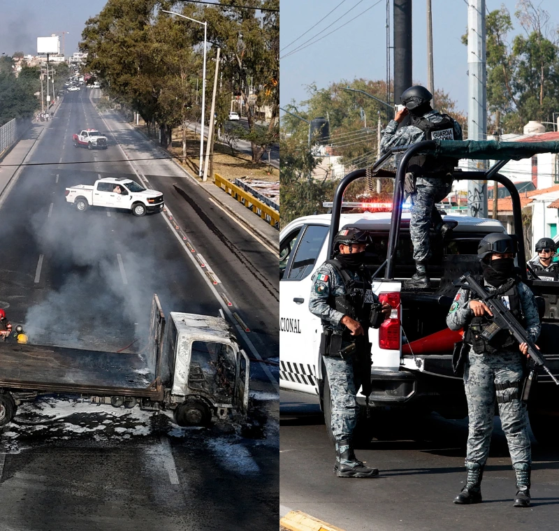 אנשי המשמר הלאומי במקסיקו, ורכבים שנשרפו במהלך המהומות, 22 בפברואר 2026