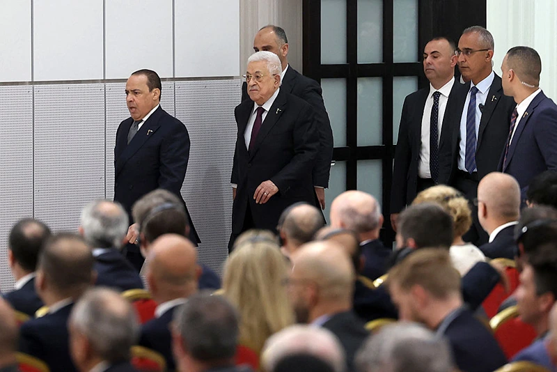 יו״ר הרשות הפלסטינית, מחמוד עבאס בכנס של של אש"ף ברמאללה, 23 באפריל 2025