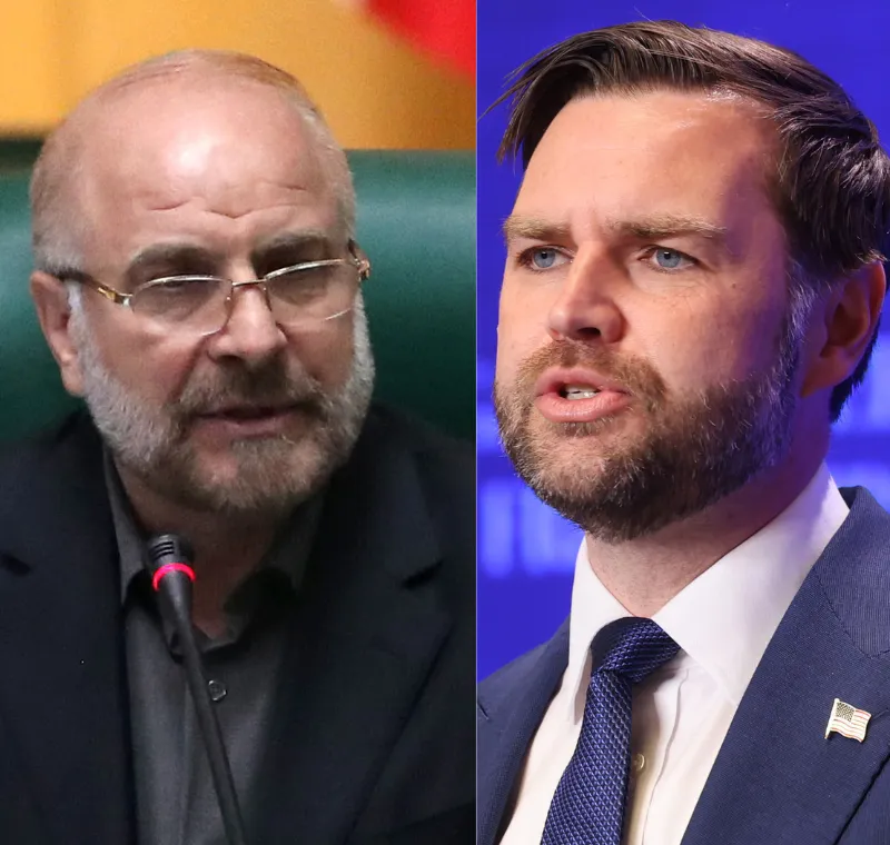 סגן נשיא ארה"ב, ג'יי די ואנס, ויו"ר הפרלמנט האיראני, מוחמד באקר קאליבף