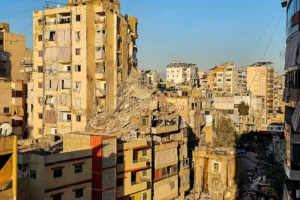 זירת החיסול של מפקד כוח רדואן בדאחיה בביירות אתמול | צילום: AFP via Getty Images