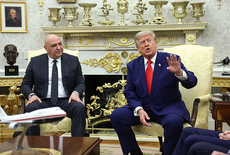 נשיא ארה"ב, דונלד טראמפ, ונשיא לבנון, ג'וזף עאון, במהלך מסיבת העיתונאים בבית הלבן היום