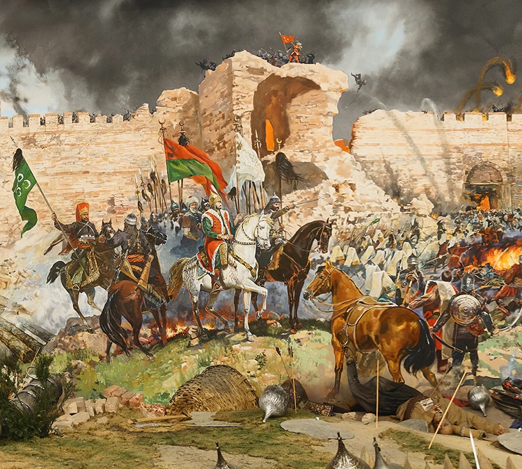 "התקיפה האחרונה ונפילת קונסטנטינופול ב-1453" המוצג במוזיאון הצבאי באיסטנבול. שער קירקופורטה הפתוח היה רק החולייה האחרונה בשרשרת ארוכה של חולשות