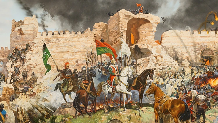"התקיפה האחרונה ונפילת קונסטנטינופול ב-1453" המוצג במוזיאון הצבאי באיסטנבול. שער קירקופורטה הפתוח היה רק החולייה האחרונה בשרשרת ארוכה של חולשות